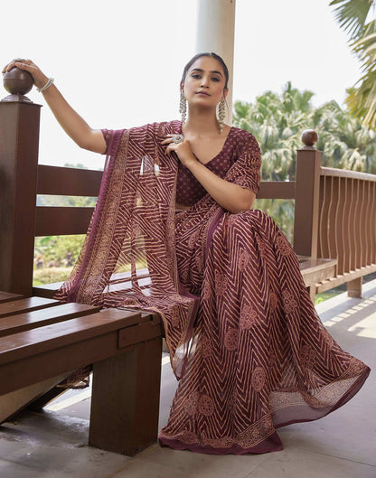 Dusty Maroon Georgette Printed Saree