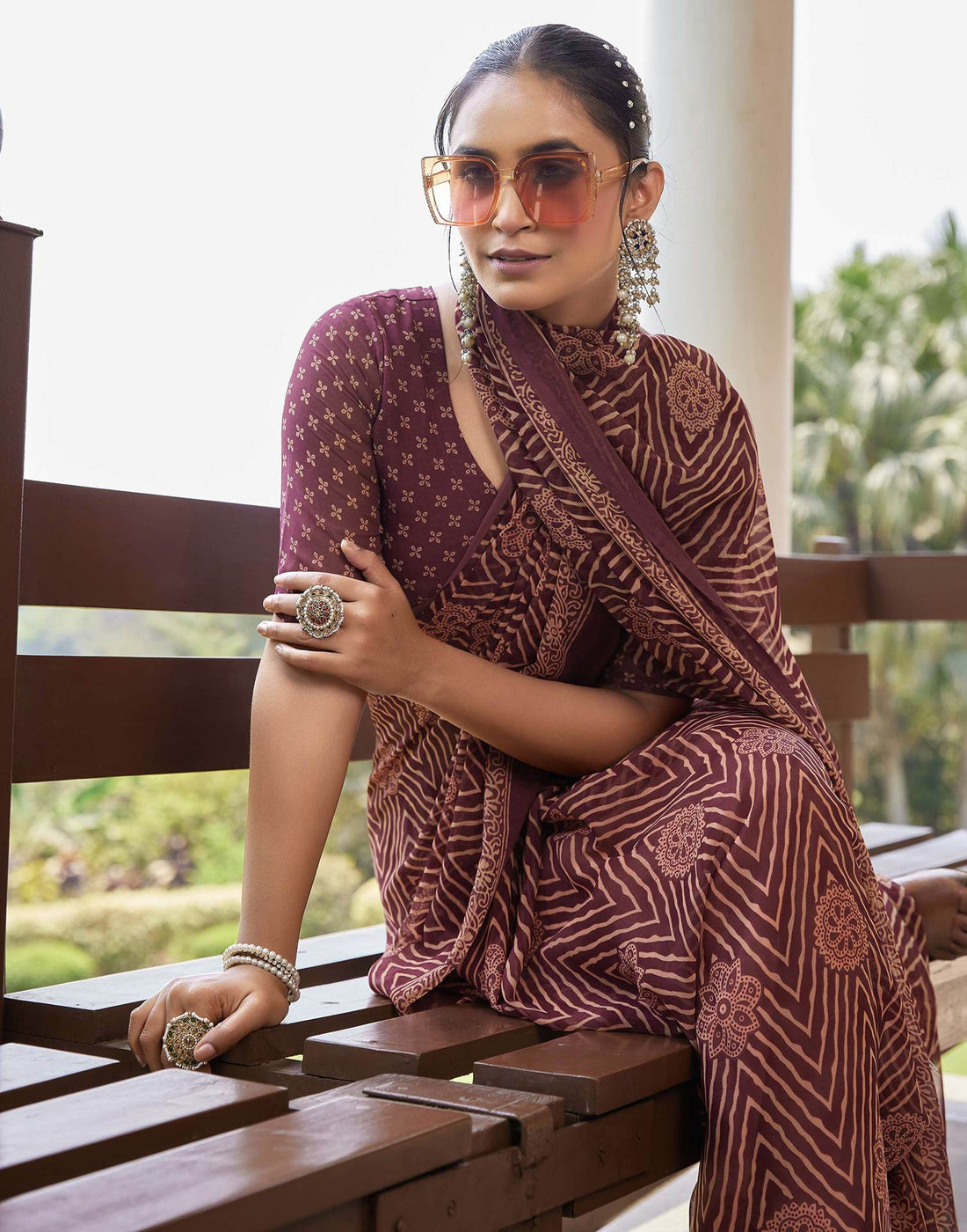Dusty Maroon Georgette Printed Saree
