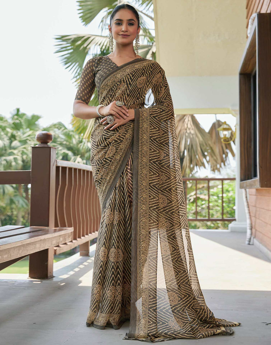 Dusty Green Georgette Printed Saree