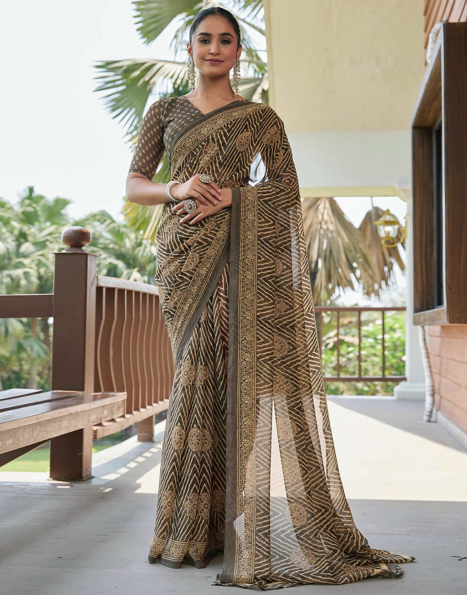 Dusty Green Georgette Printed Saree
