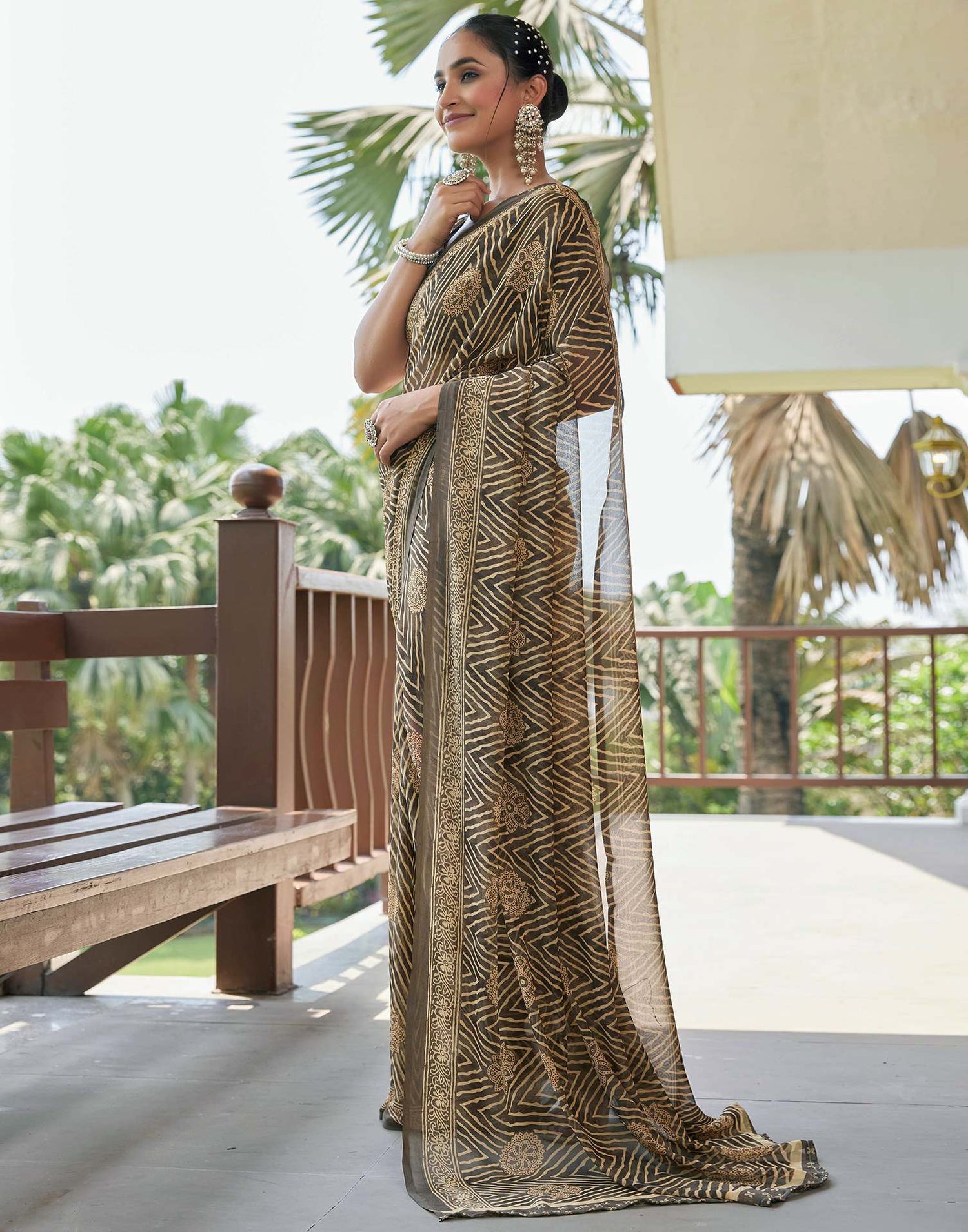 Dusty Green Georgette Printed Saree