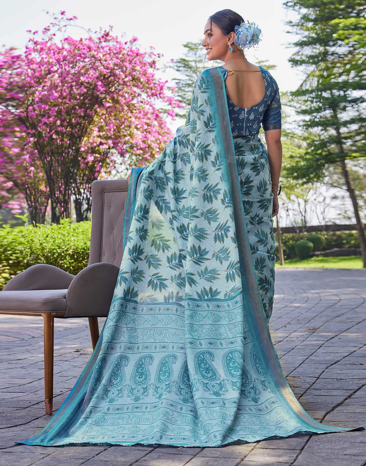 Blue Chanderi Sequence Printed Saree