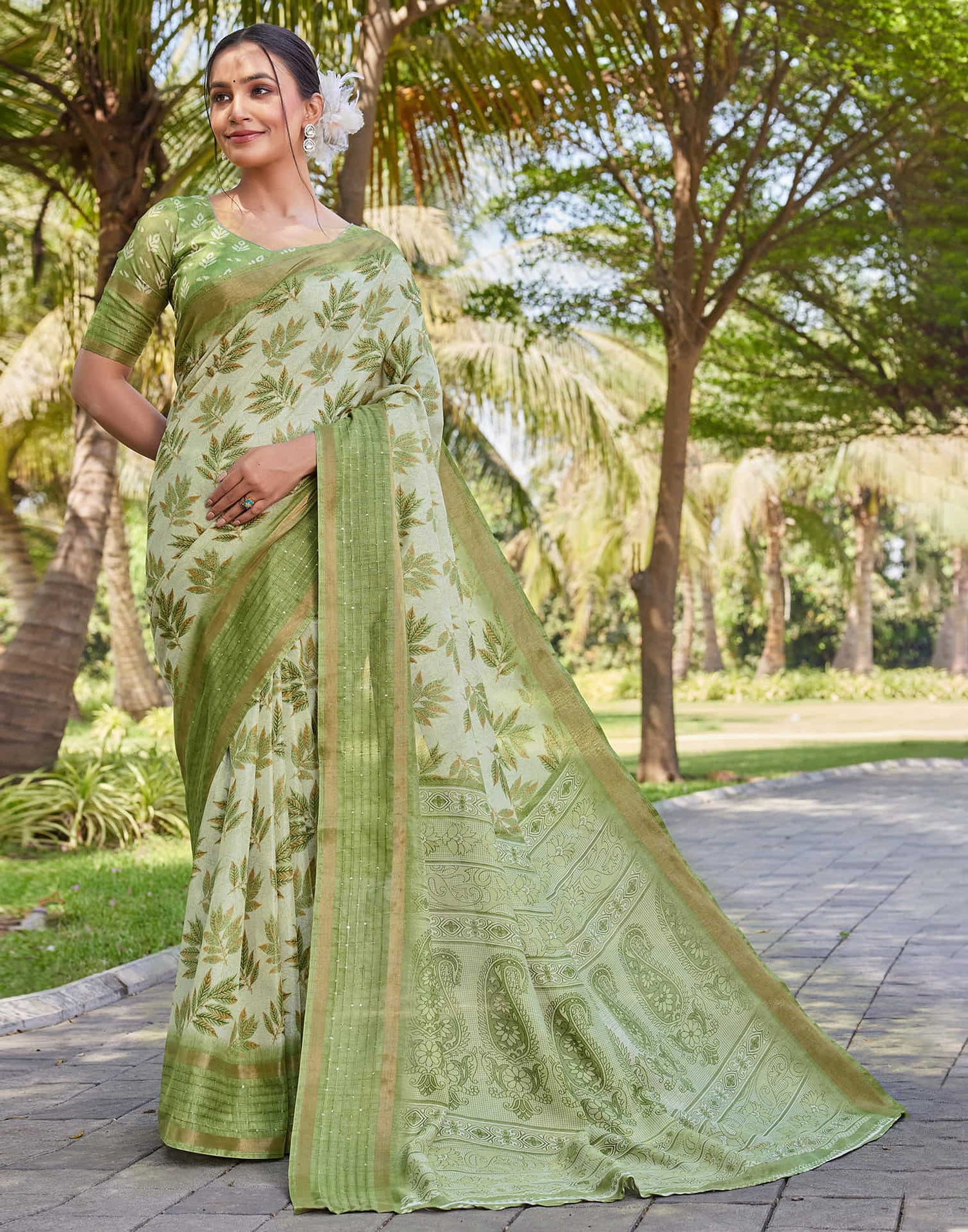 Light Green Chanderi Printed Saree