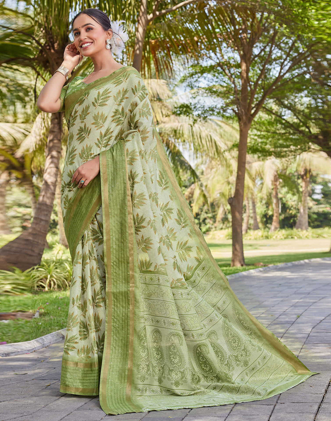 Light Green Chanderi Printed Saree