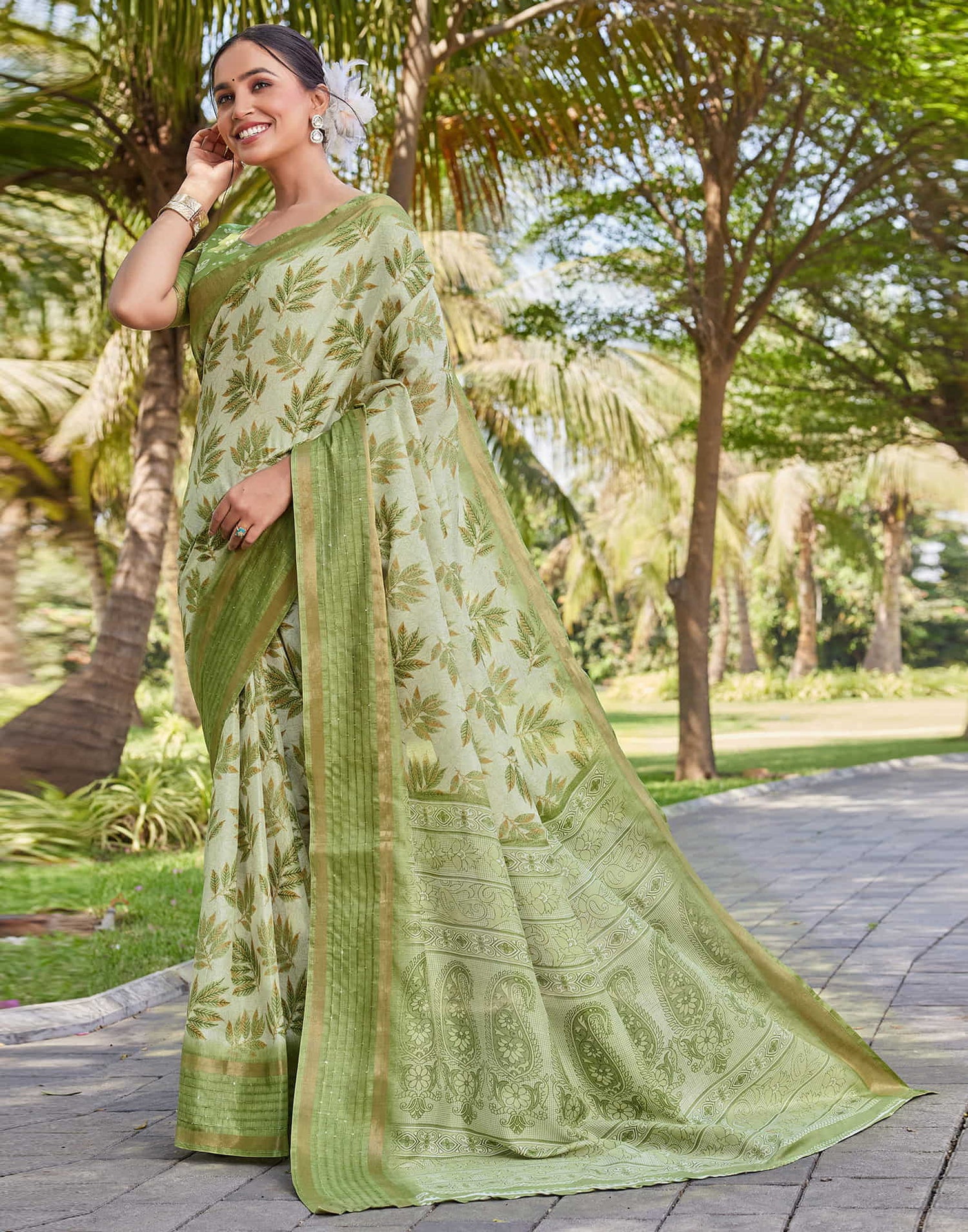 Light Green Chanderi Printed Saree