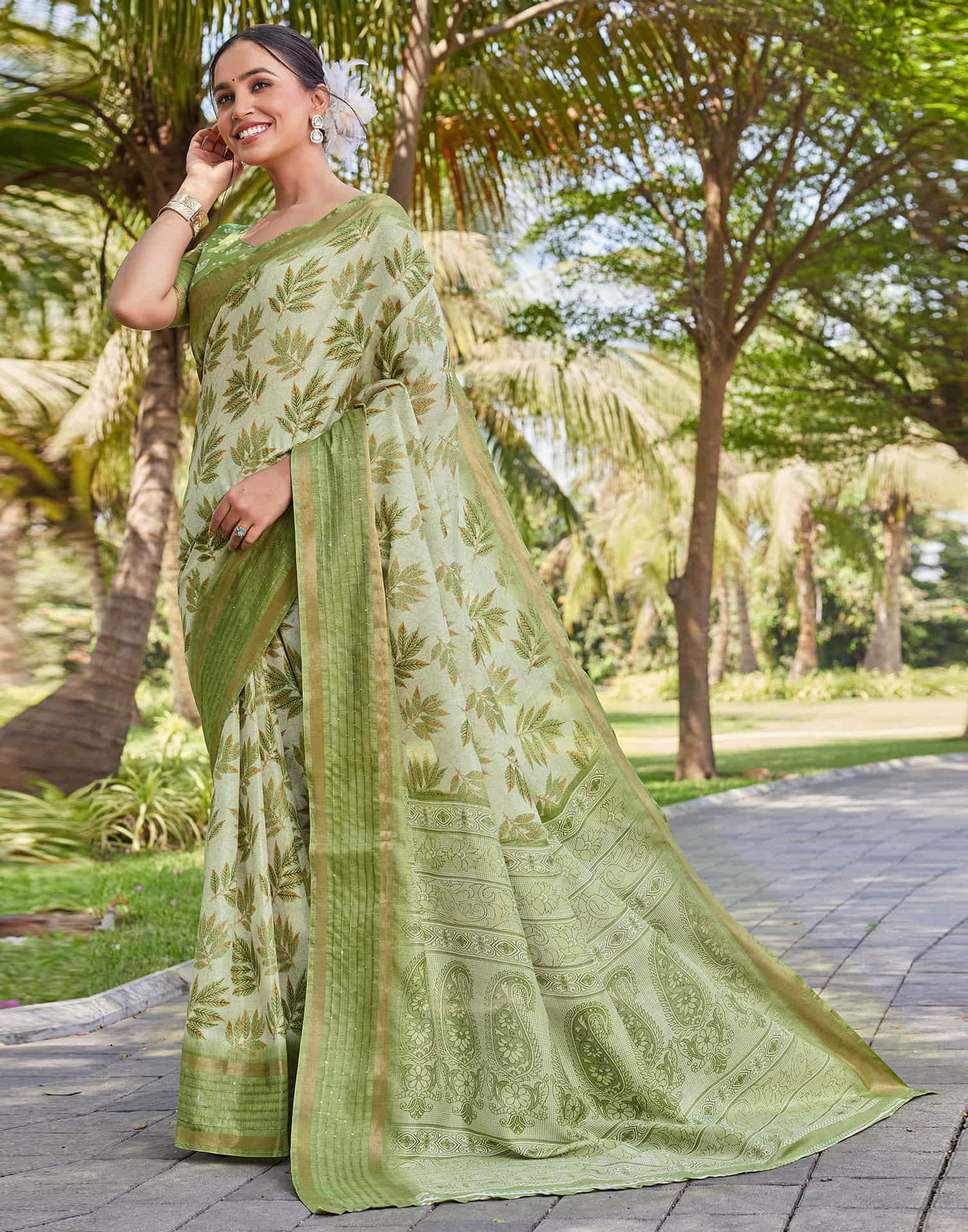 Light Green Chanderi Printed Saree