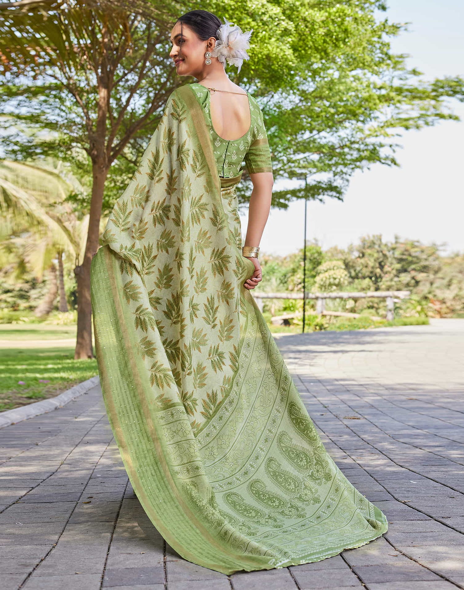 Light Green Chanderi Printed Saree