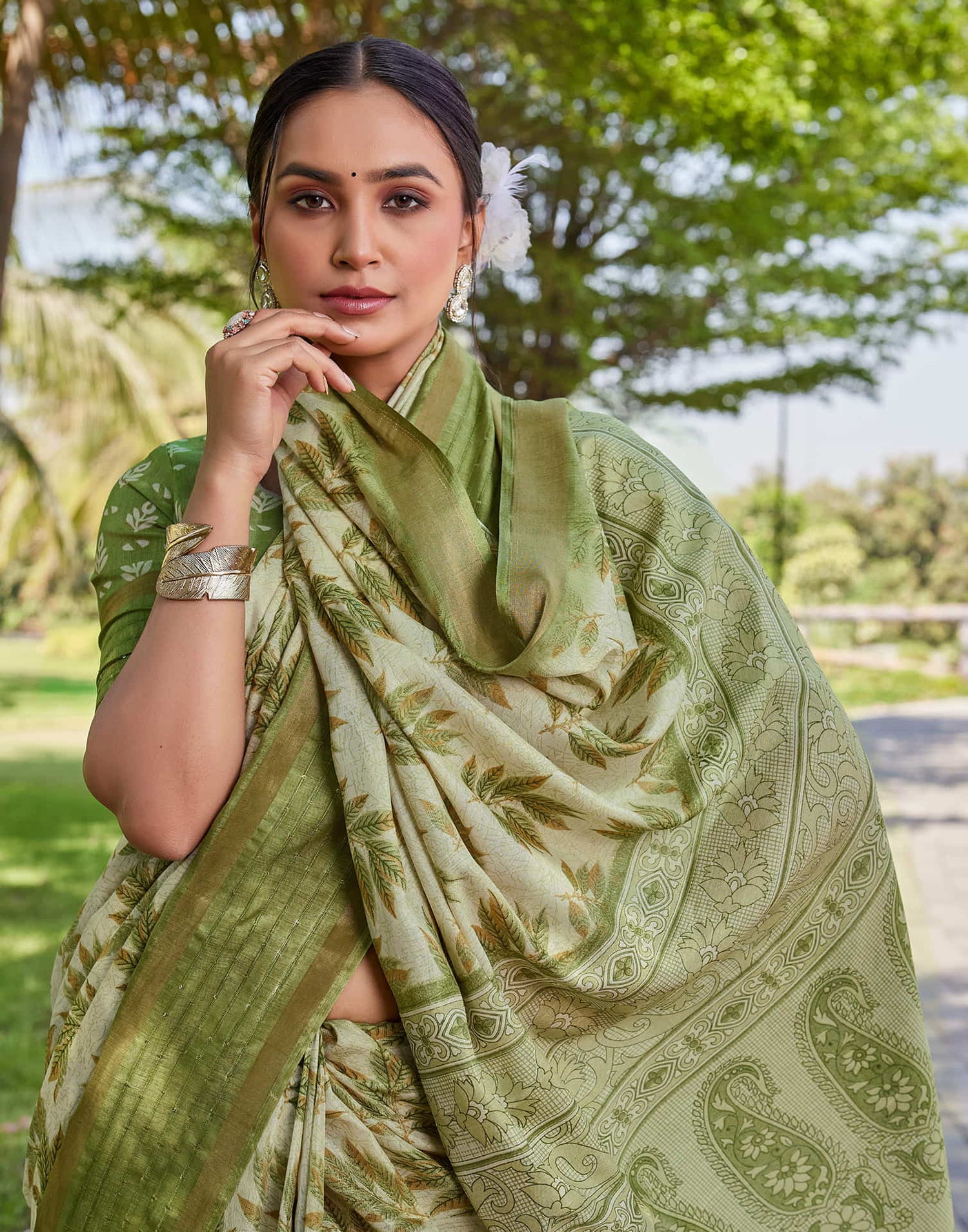 Light Green Chanderi Printed Saree