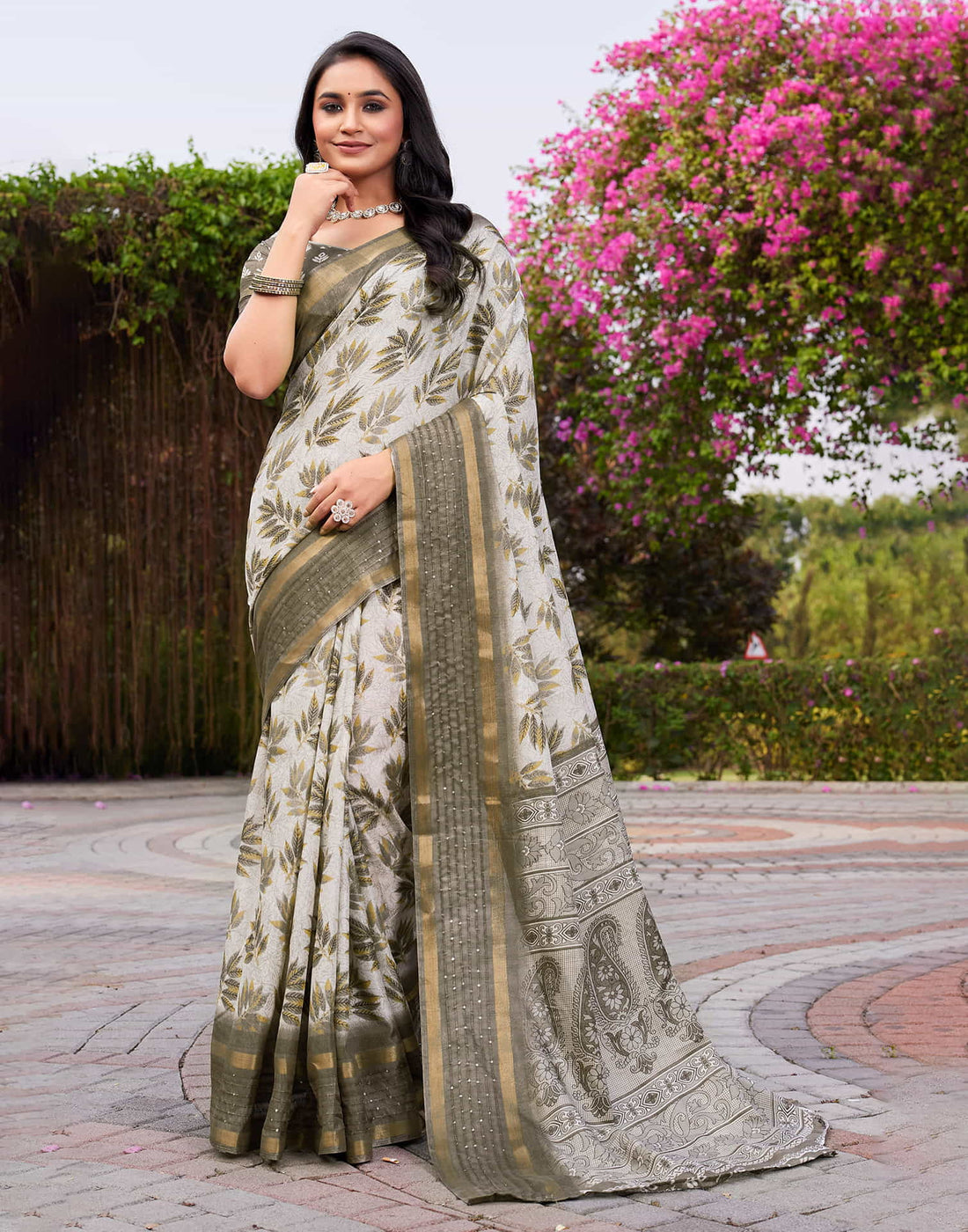 Khaki  Chanderi Printed Saree