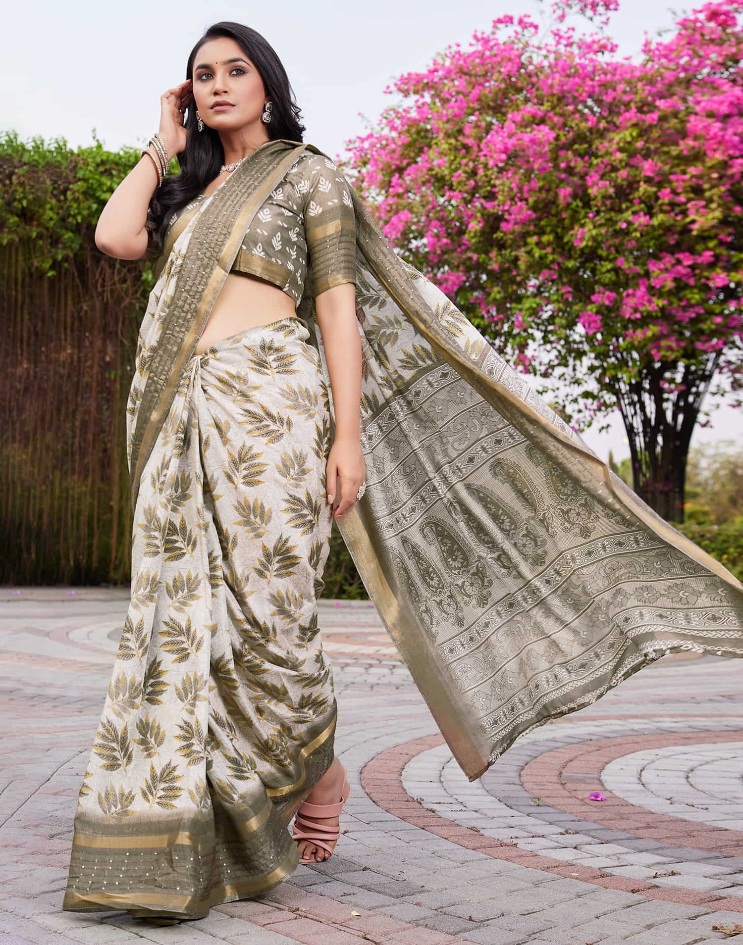 Khaki  Chanderi Printed Saree