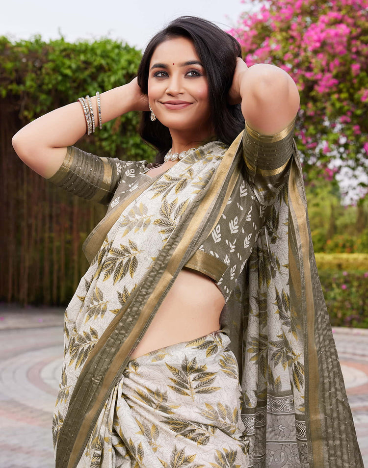 Khaki  Chanderi Printed Saree