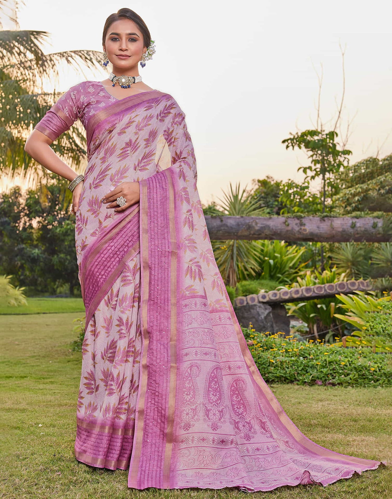 Pink Chanderi Printed Saree