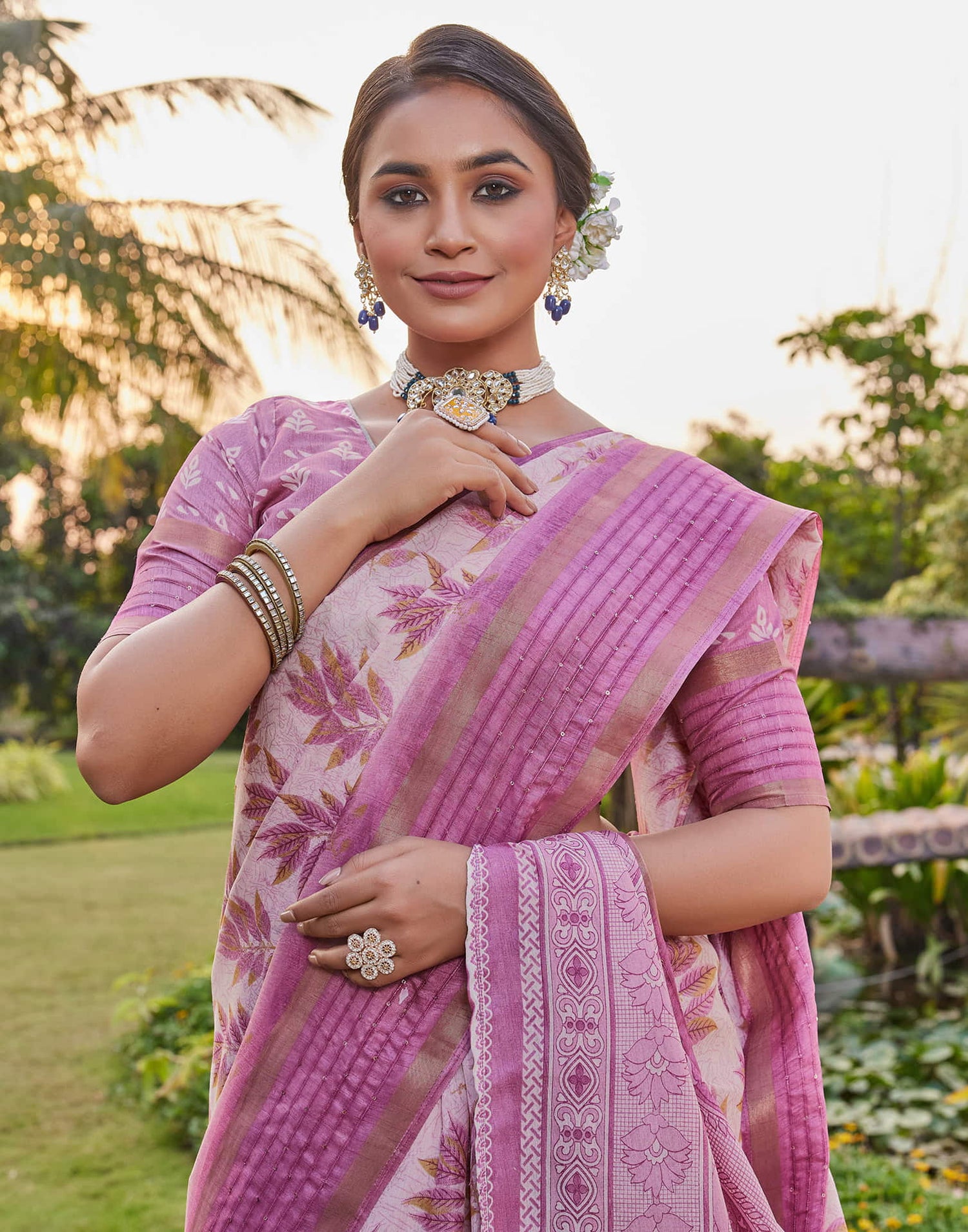 Pink Chanderi Printed Saree