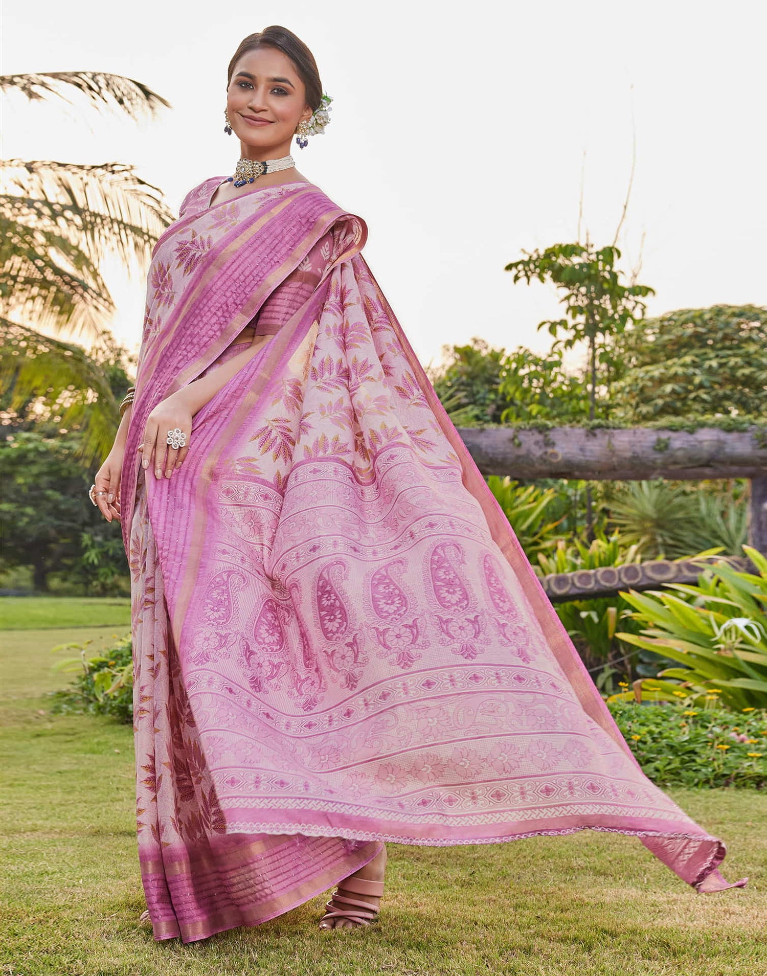 Pink Chanderi Printed Saree
