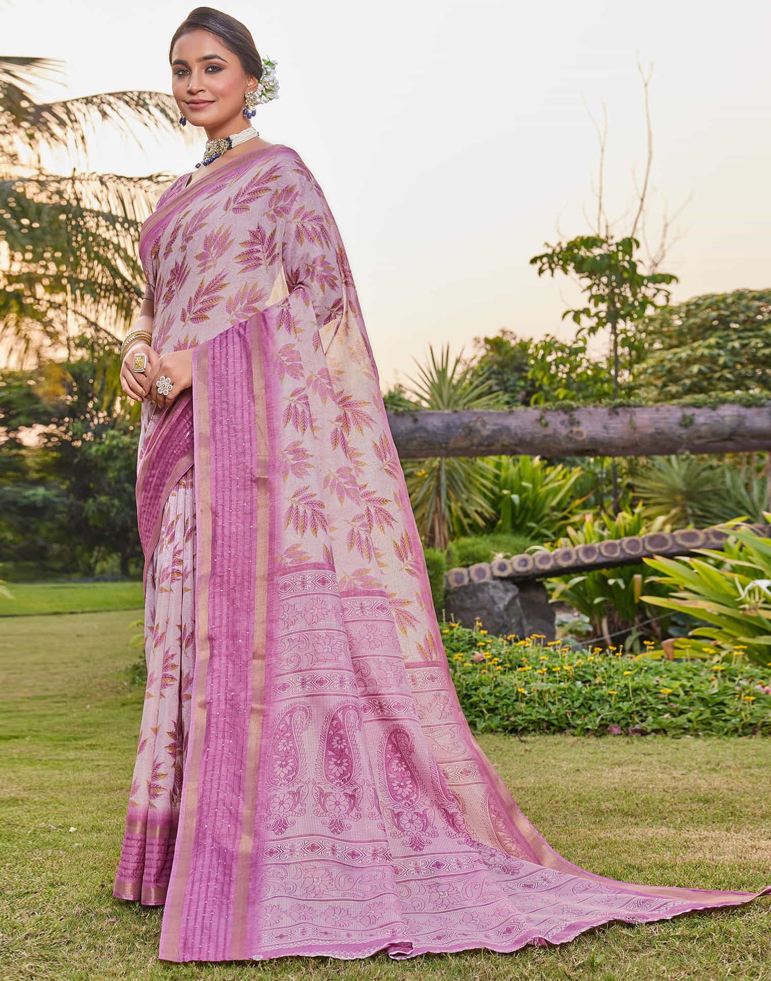 Pink Chanderi Printed Saree