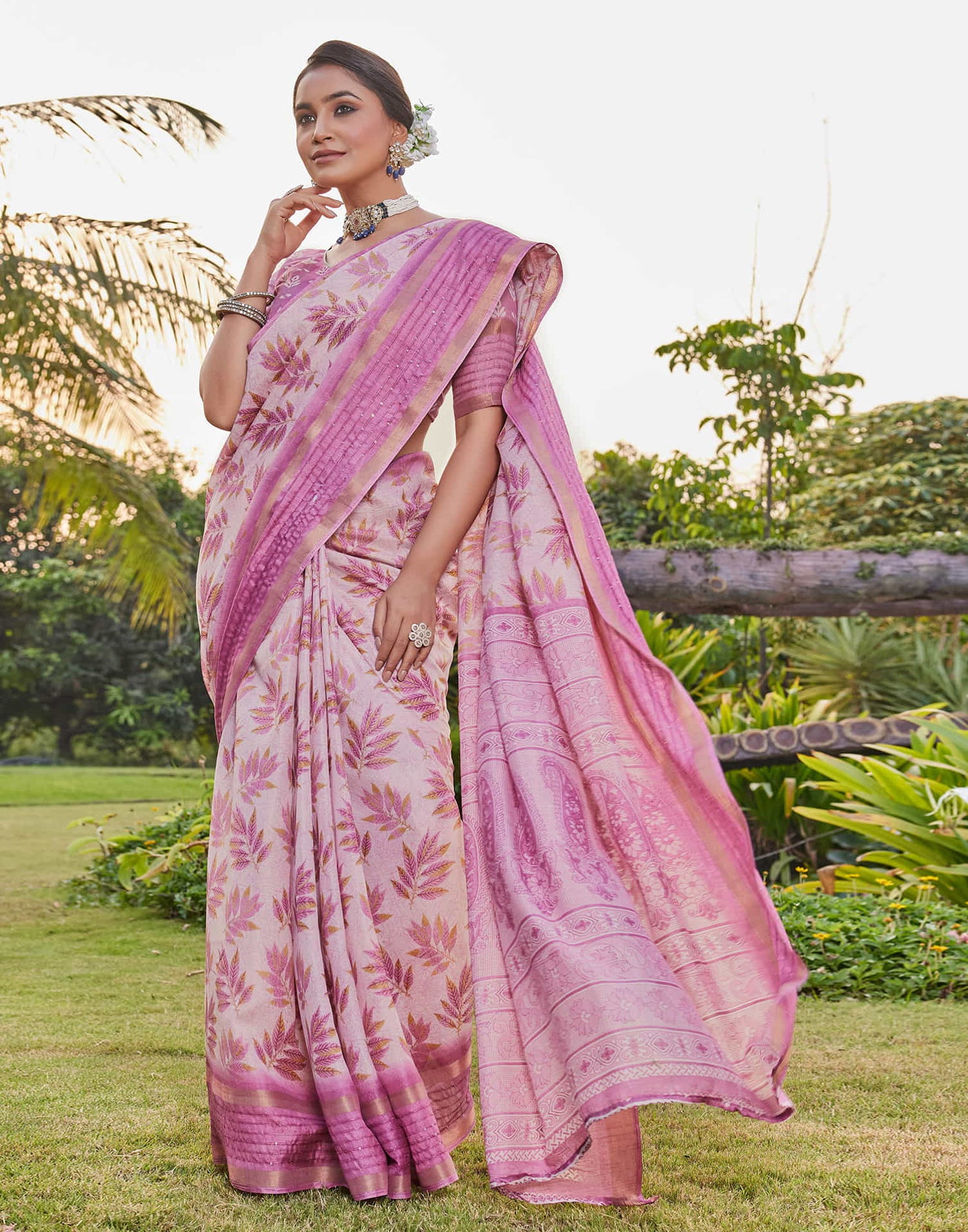 Pink Chanderi Printed Saree