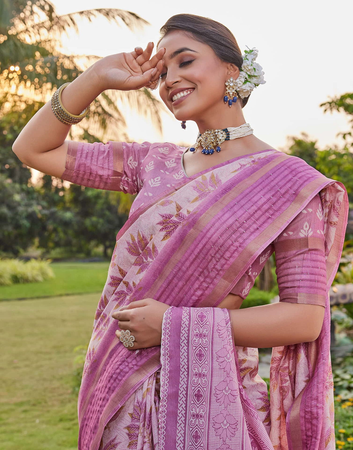 Pink Chanderi Printed Saree