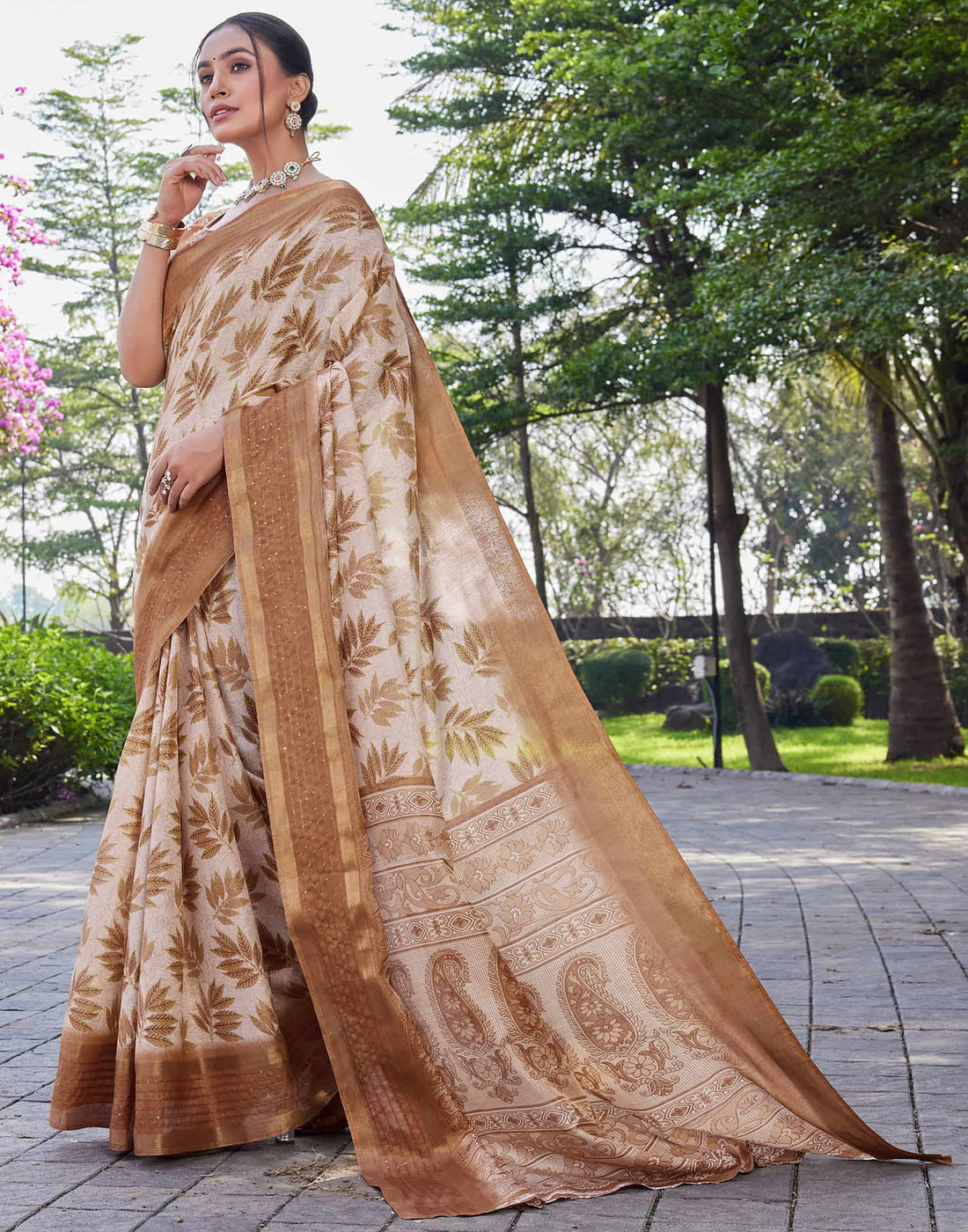 Light Brown Chanderi Printed Saree