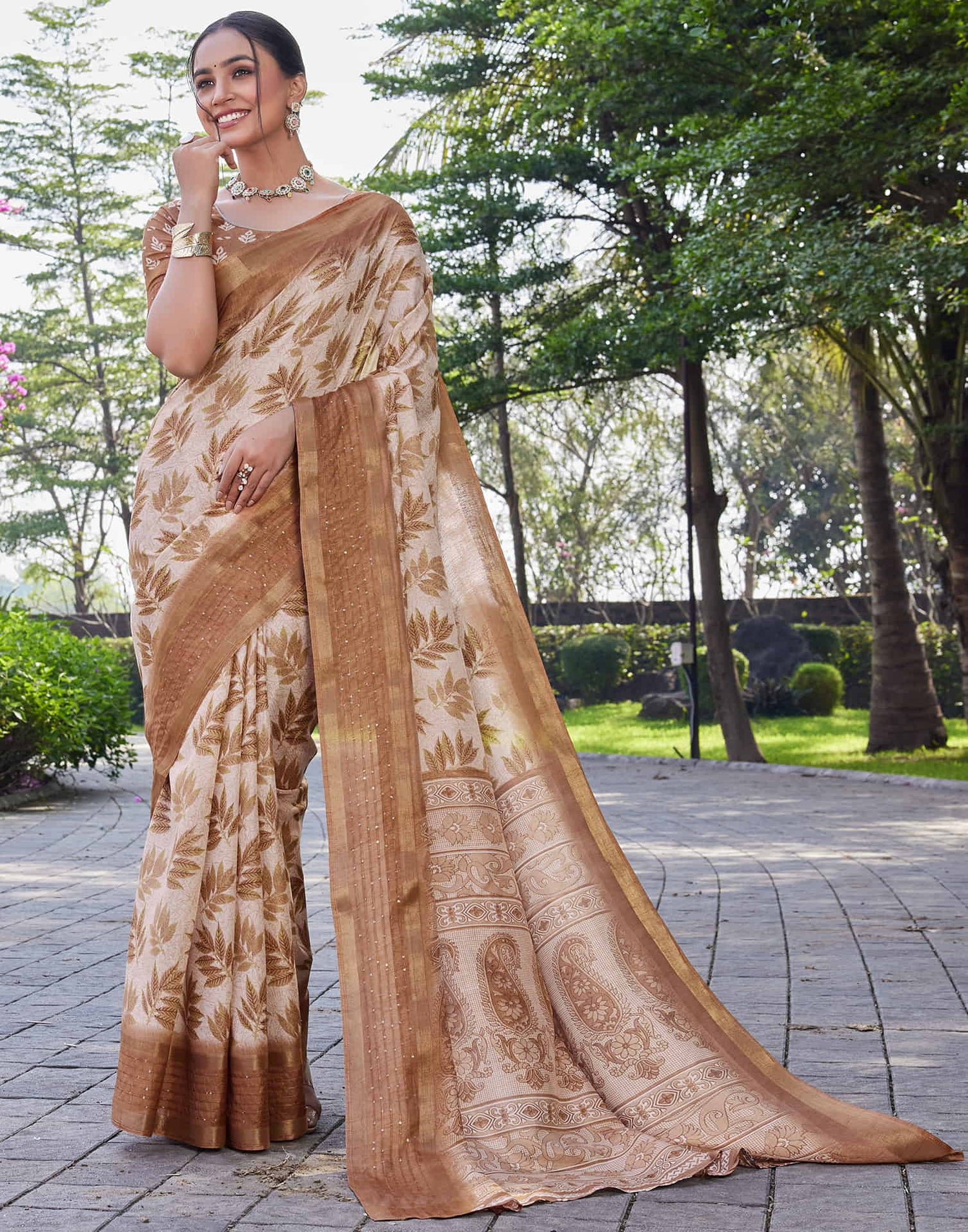 Light Brown Chanderi Printed Saree