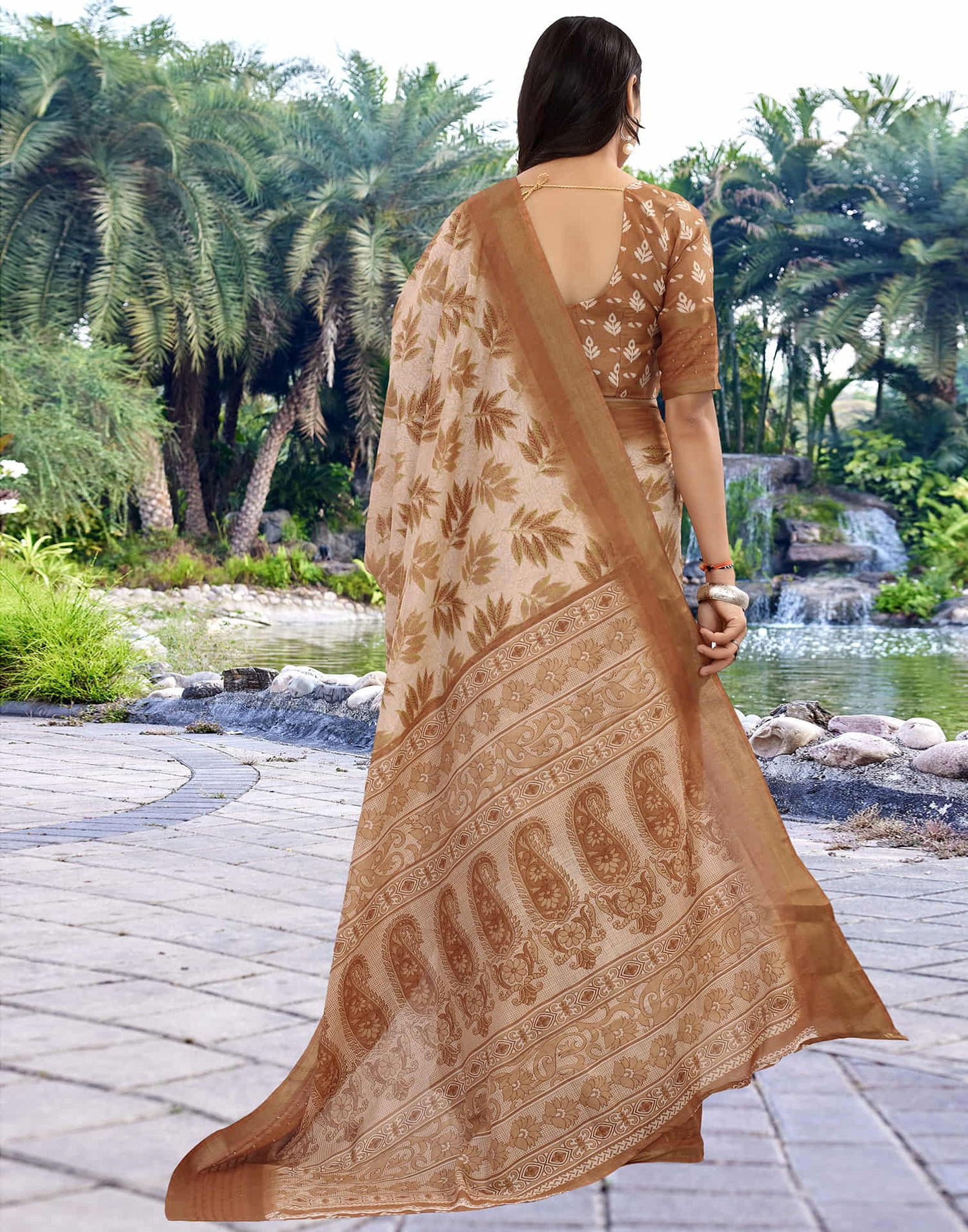 Light Brown Chanderi Printed Saree