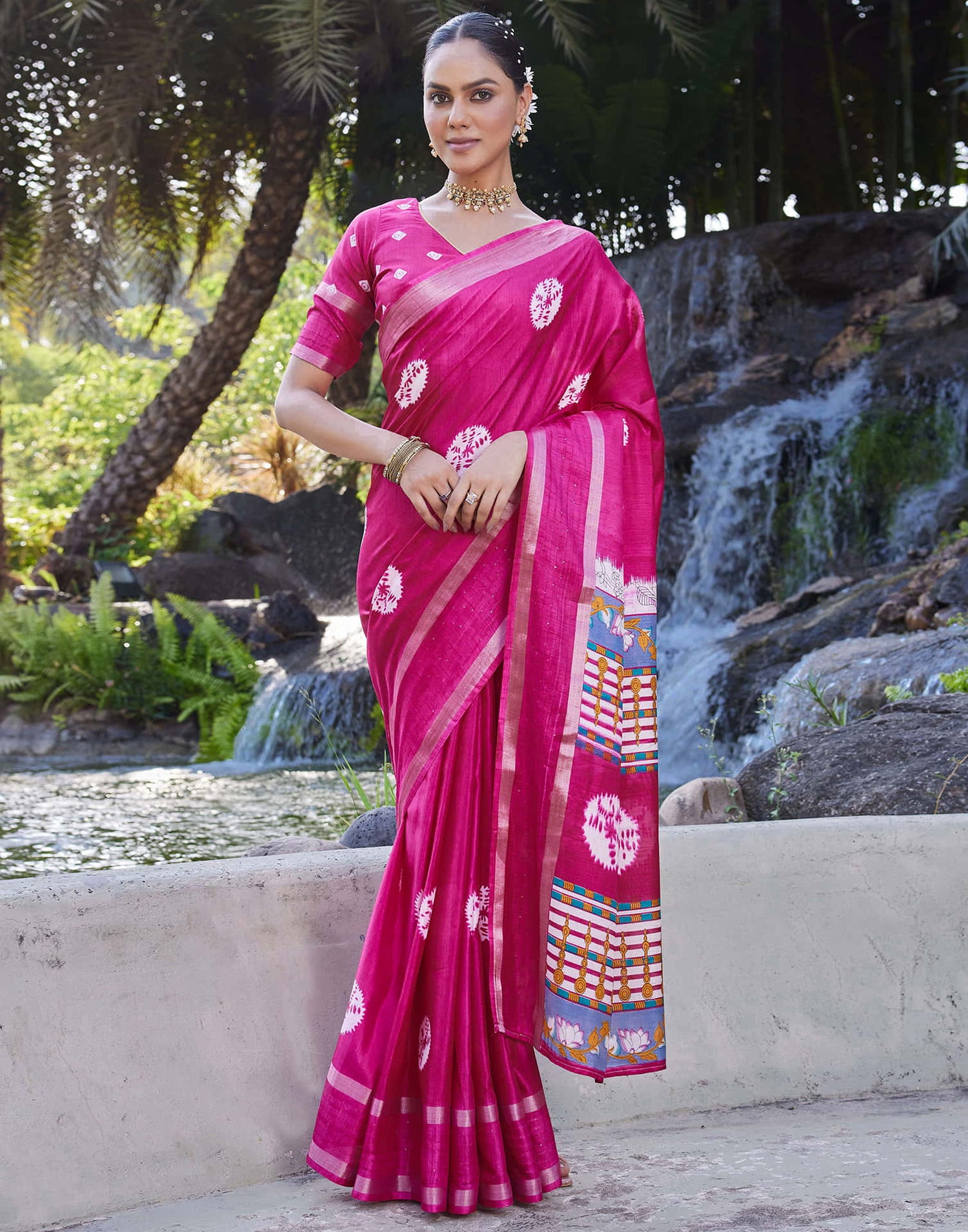 Rani Pink Dola Silk Bandhani Printed Saree
