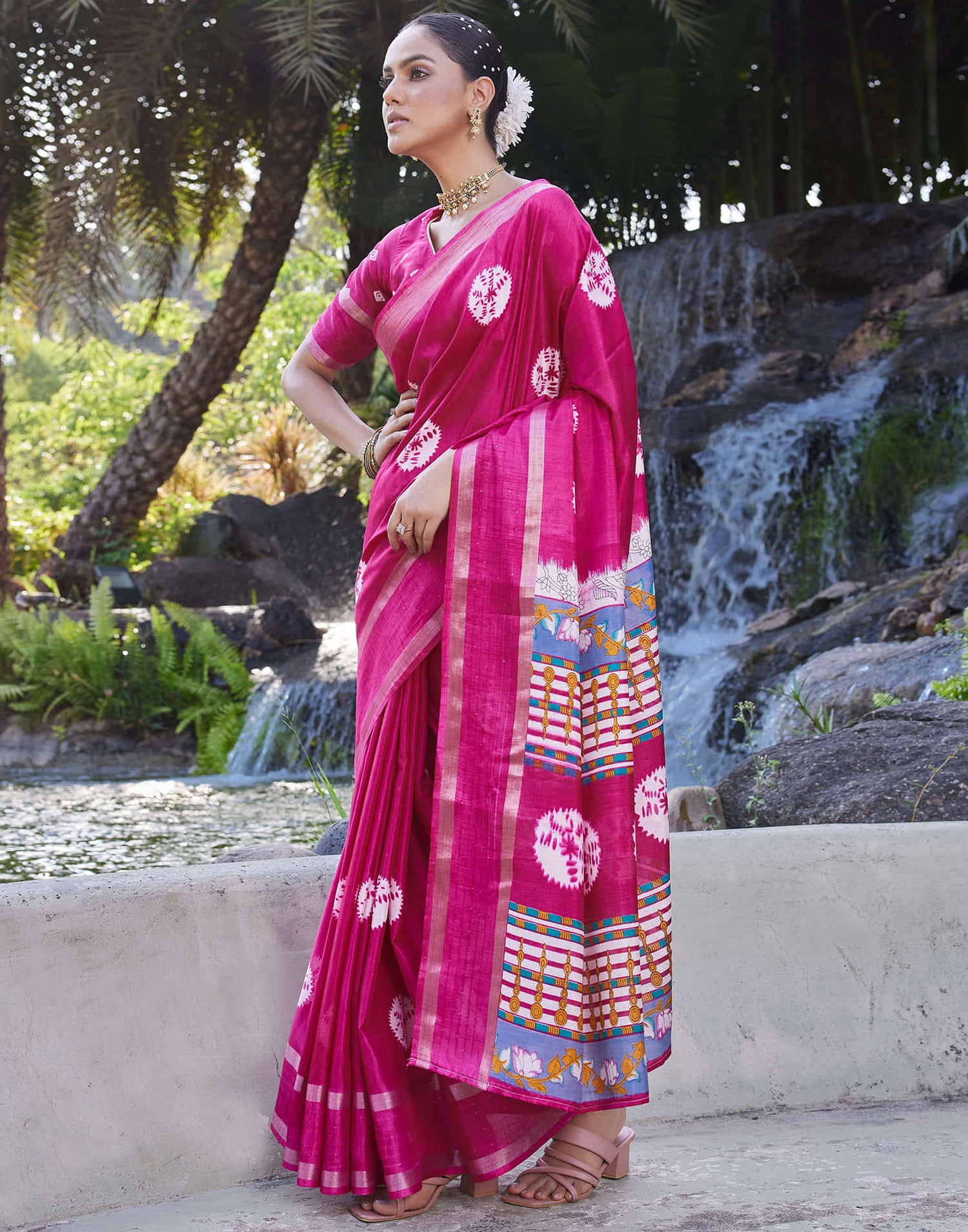 Rani Pink Dola Silk Bandhani Printed Saree
