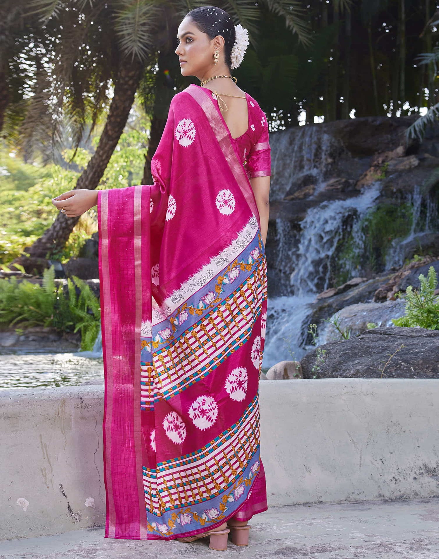 Rani Pink Dola Silk Bandhani Printed Saree