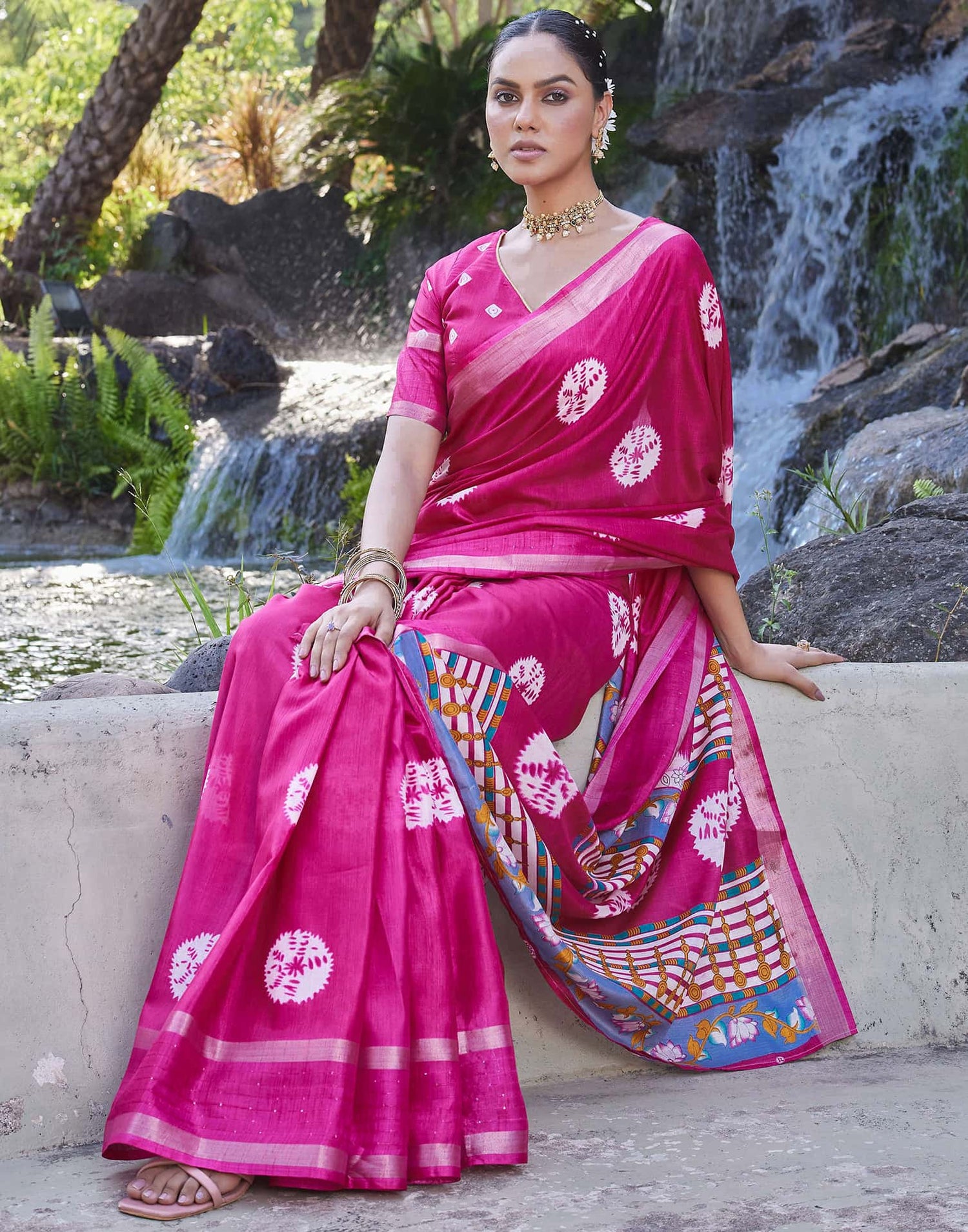 Rani Pink Dola Silk Bandhani Printed Saree