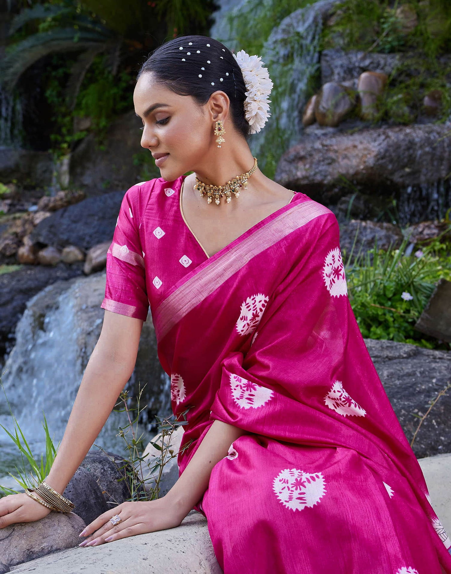 Rani Pink Dola Silk Bandhani Printed Saree