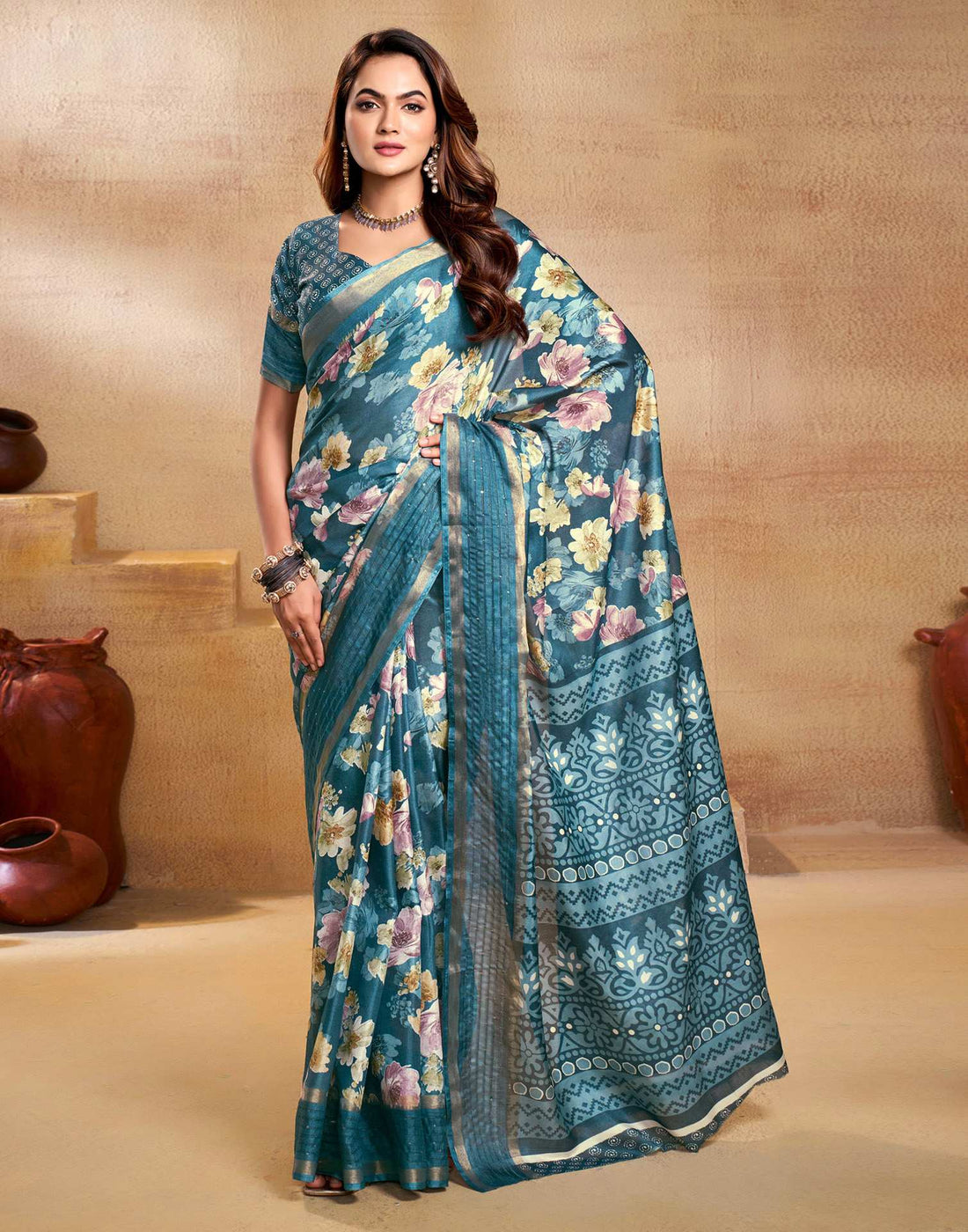 Blue Chanderi Zari Floral Printed Saree