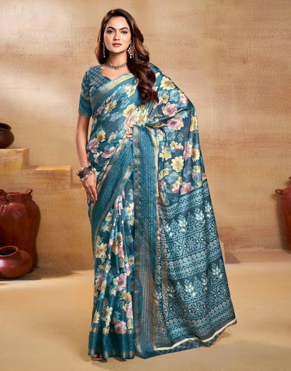 Blue Chanderi Zari Floral Printed Saree