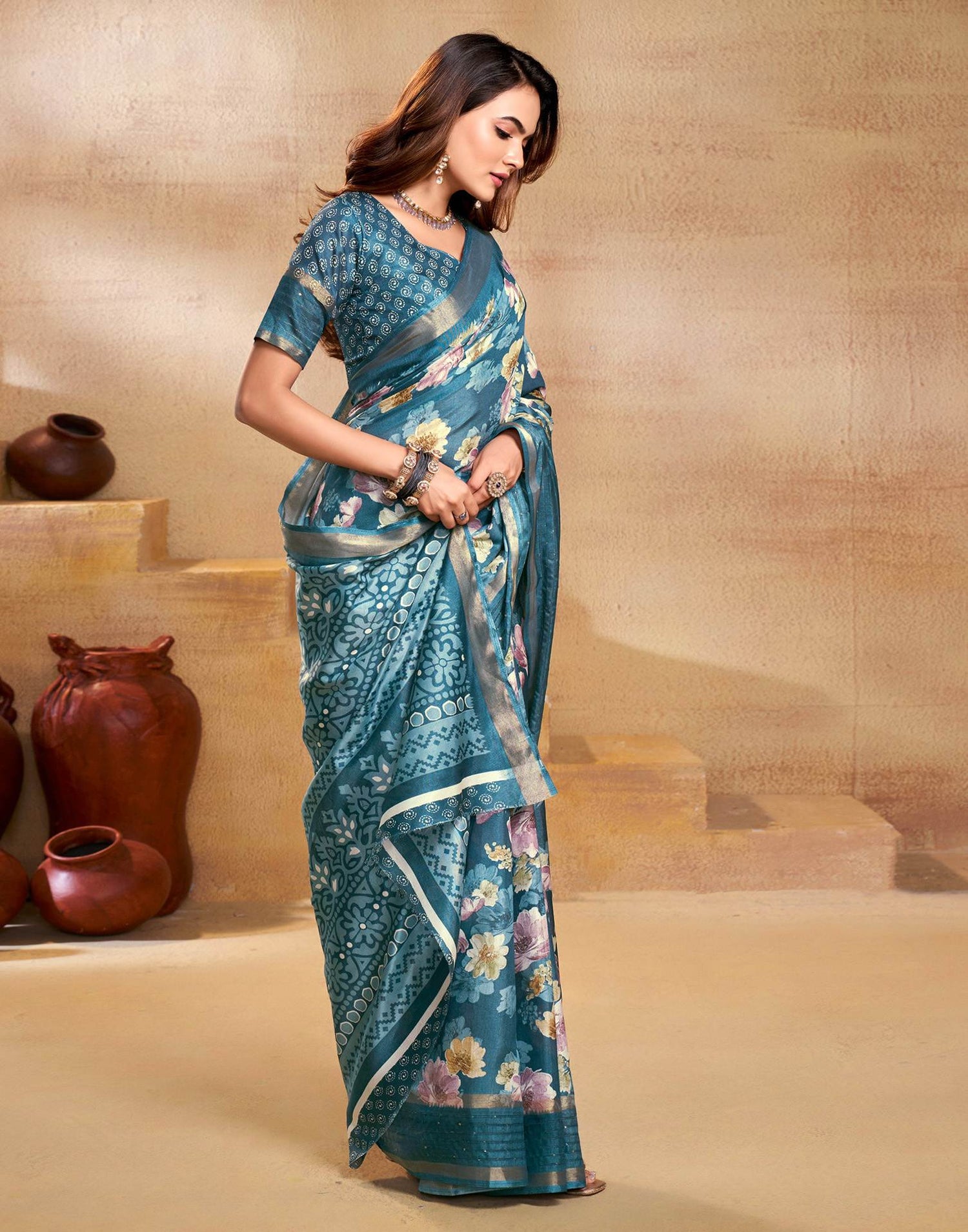 Blue Chanderi Zari Floral Printed Saree