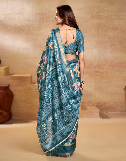 Blue Chanderi Zari Floral Printed Saree