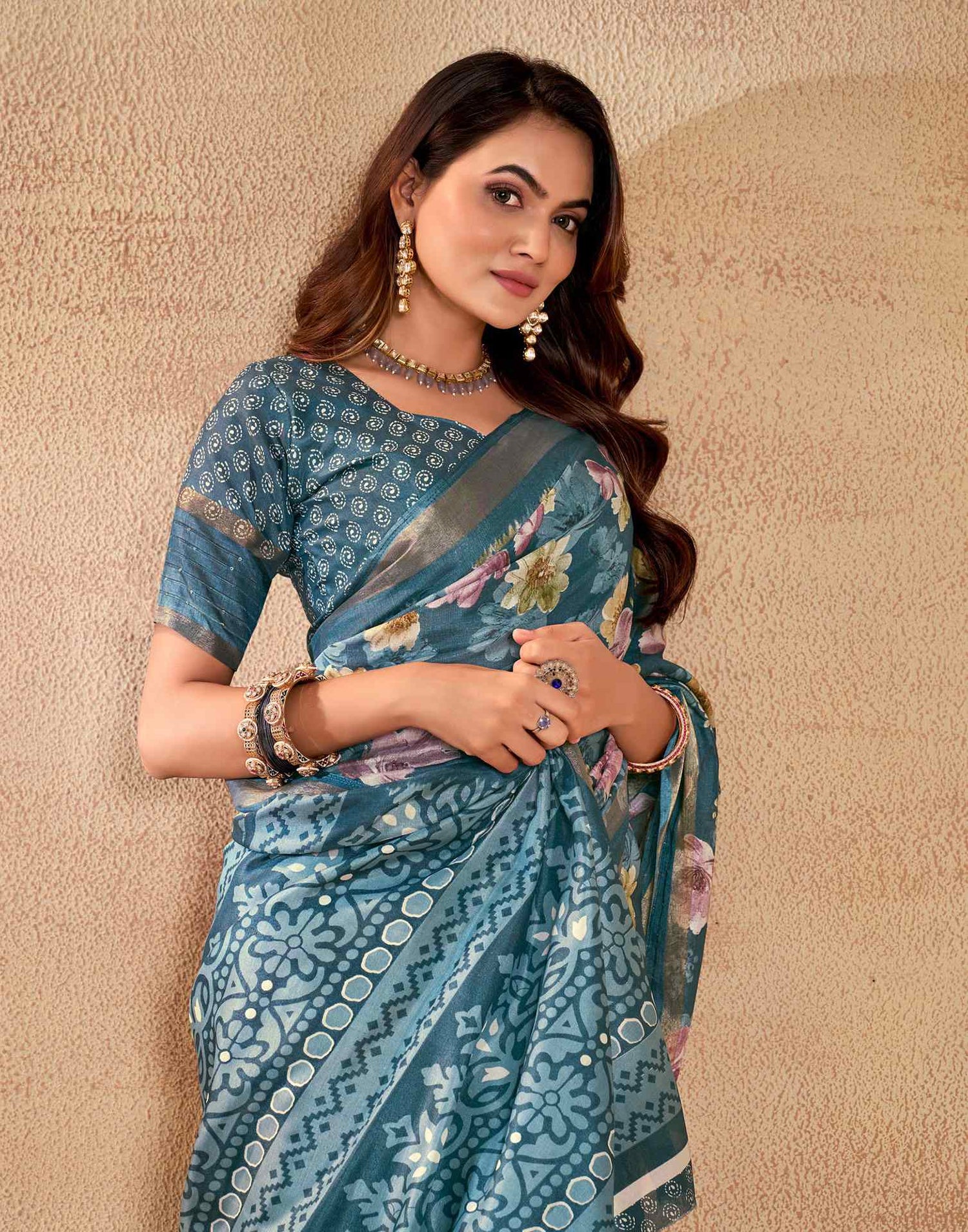 Blue Chanderi Zari Floral Printed Saree