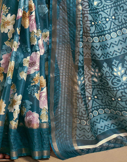 Blue Chanderi Zari Floral Printed Saree