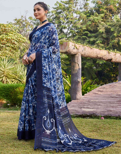 Navy Blue Georgette Floral Printed Saree