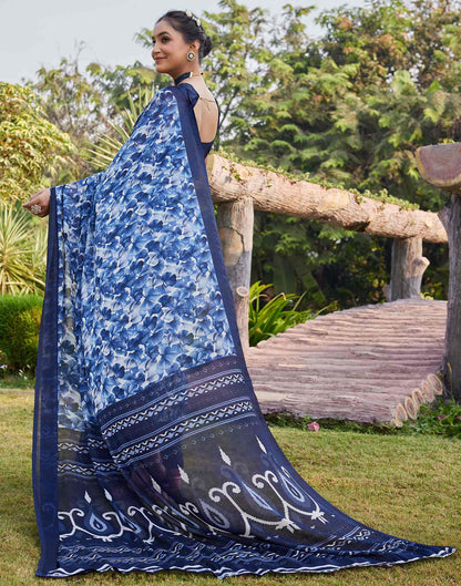 Navy Blue Georgette Floral Printed Saree