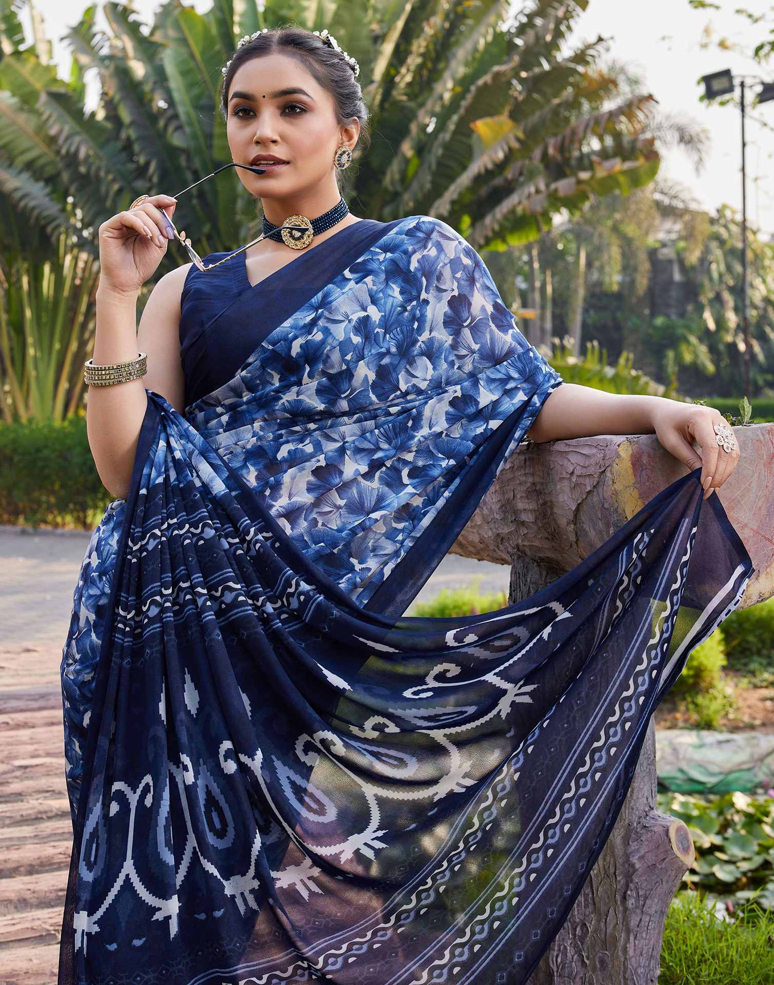 Navy Blue Georgette Floral Printed Saree