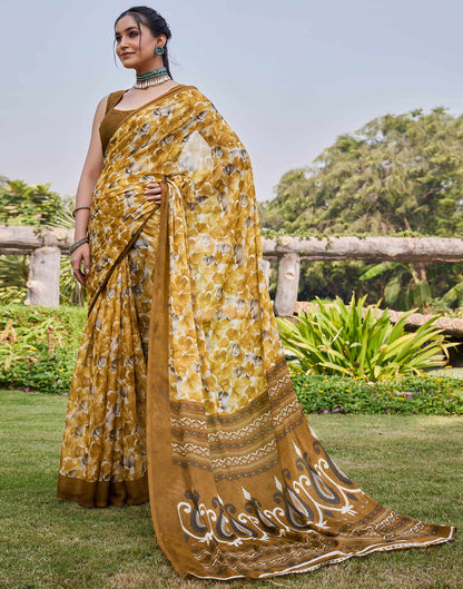 Turmeric Yellow Georgette Floral printed Saree