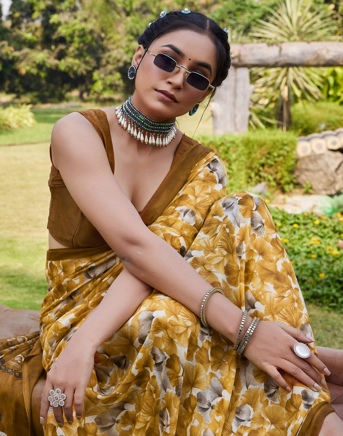 Turmeric Yellow Georgette Floral printed Saree