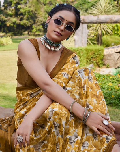 Turmeric Yellow Georgette Floral printed Saree
