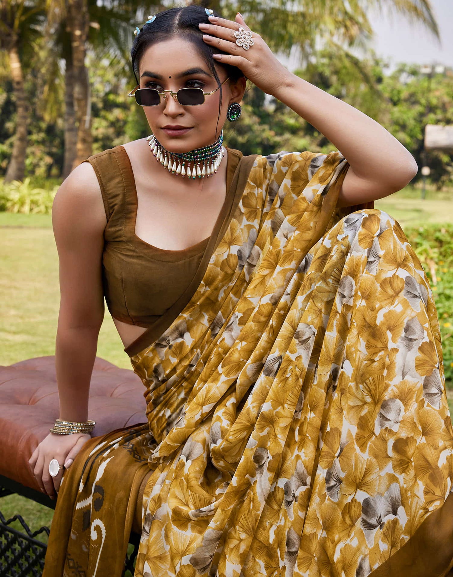 Turmeric Yellow Georgette Floral printed Saree