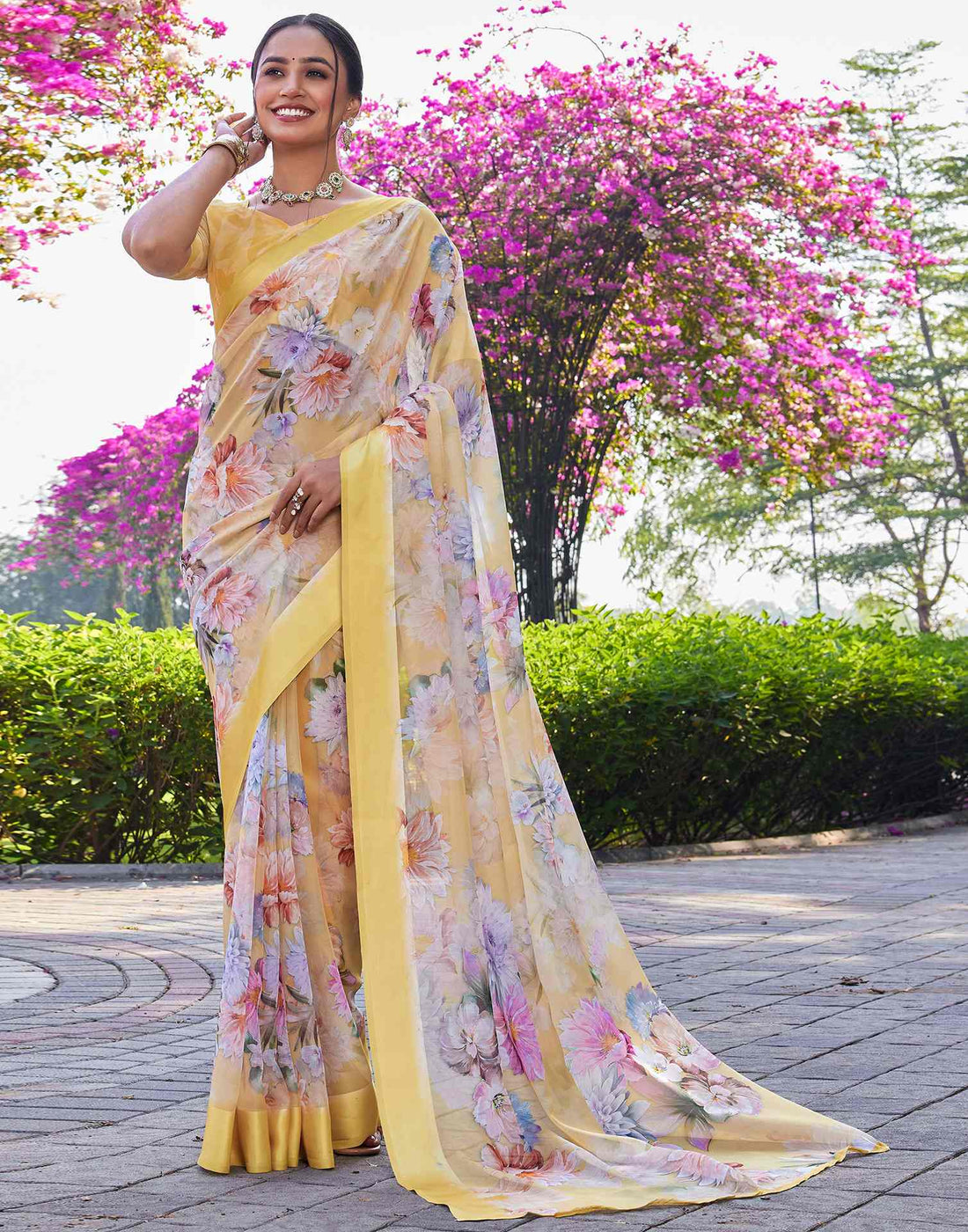 Yellow Georgette Floral Printed Saree