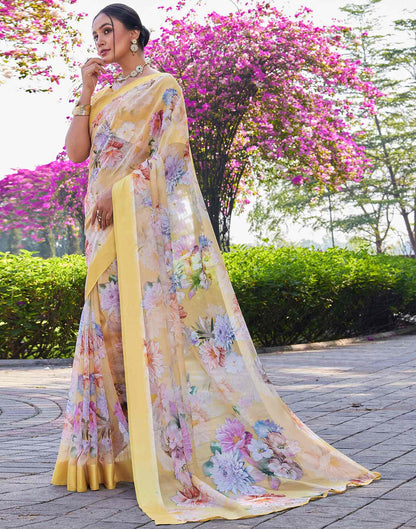 Yellow Georgette Floral Printed Saree