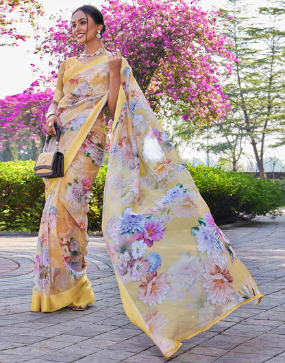 Yellow Georgette Floral Printed Saree