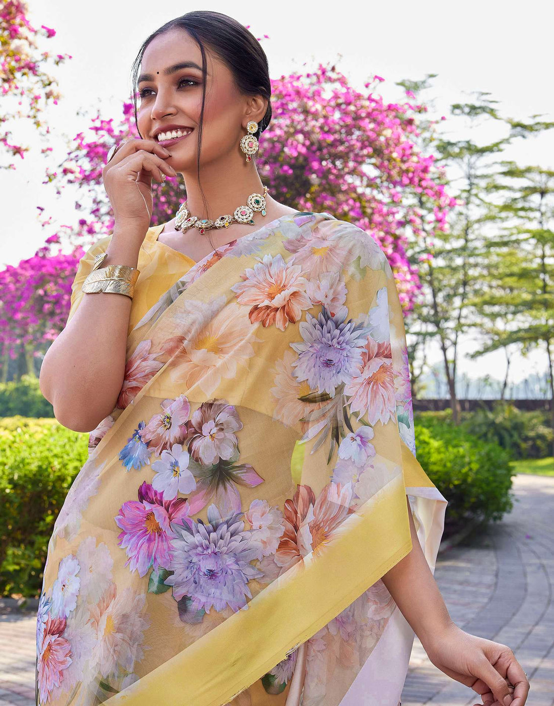 Yellow Georgette Floral Printed Saree