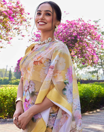 Yellow Georgette Floral Printed Saree