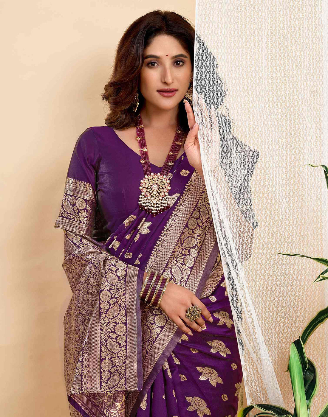 Wine Silk Woven Saree