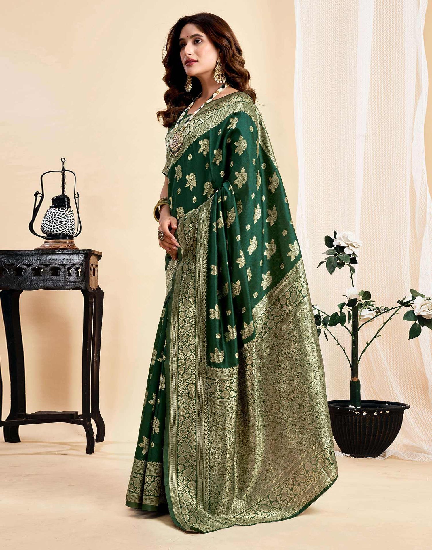 Dark Green Silk Woven Saree