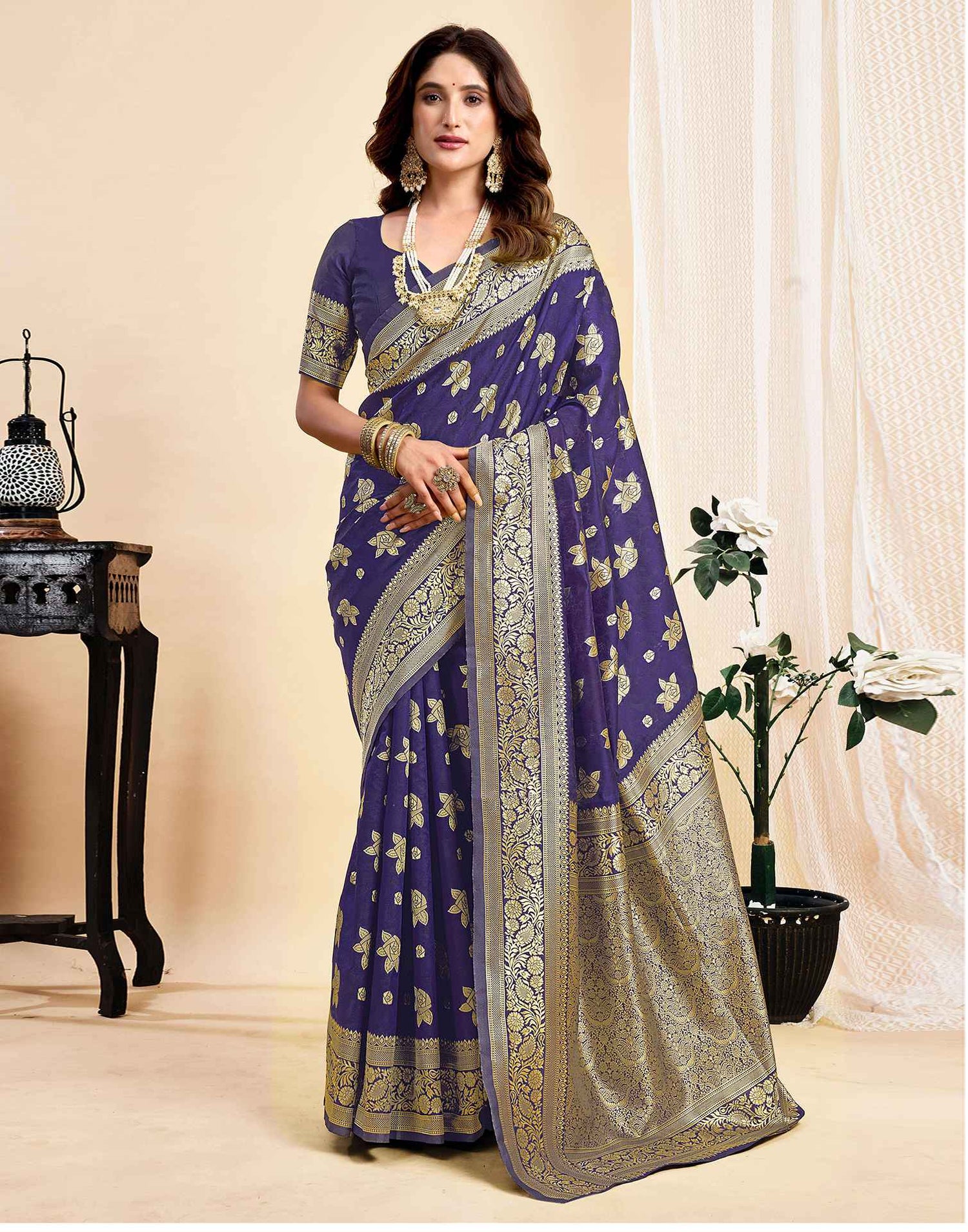 Navy Blue Silk Woven Saree